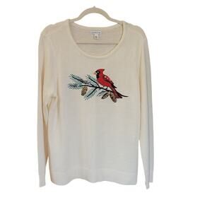 Croft & Barrow Adorable Cardinal on Pine Branch Sweater White Size XL Sequins